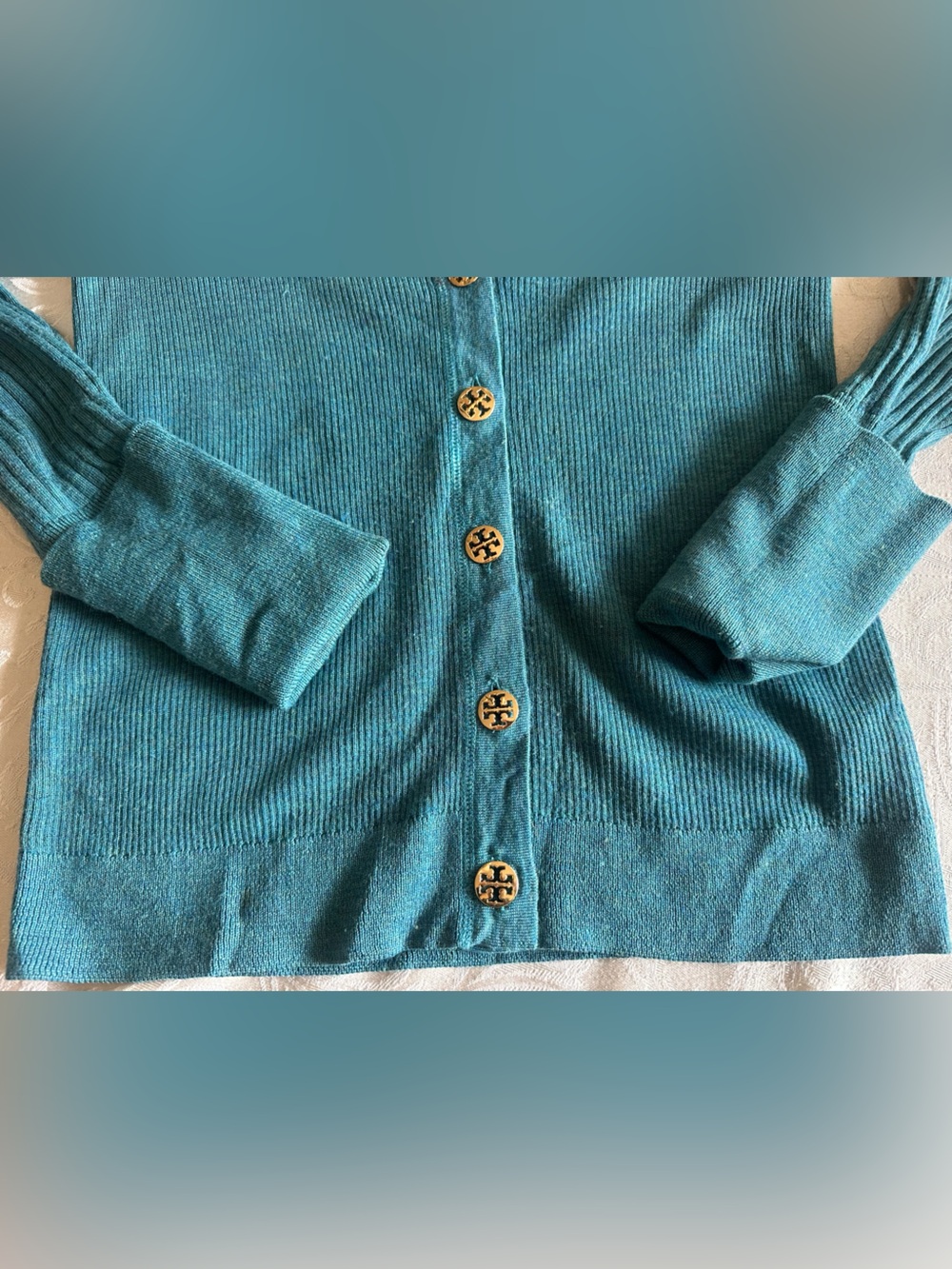 Tory Burch Teal Ribbed Button-Front Cardigan - Picture 4 of 4